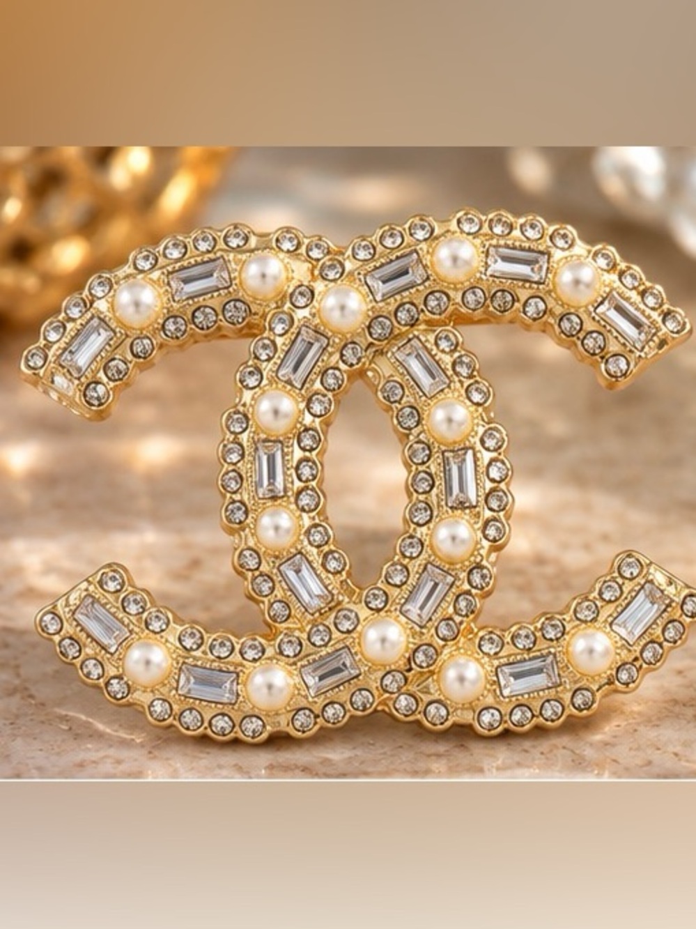 Gold Tone Pearl & Baguette Crystal Statement Brooch Elegant Glam Pin